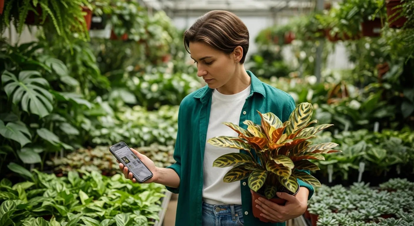 Consultando guía de cuidados en el móvil antes de comprar una planta nueva.