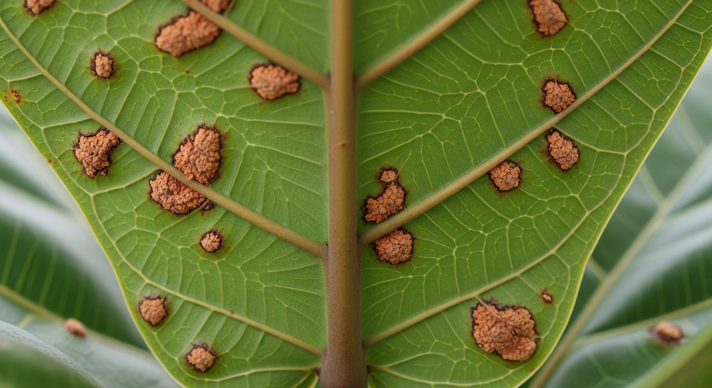 parte inferior de hoja mostrando los síntomas del edema en plantas, con pequeñas ampollas marrones