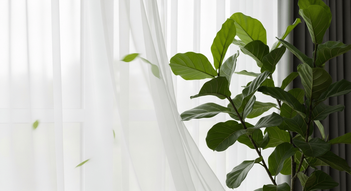 Un Ficus benjamina junto a una ventana con cortinas moviéndose, simulando una brisa suave interior
