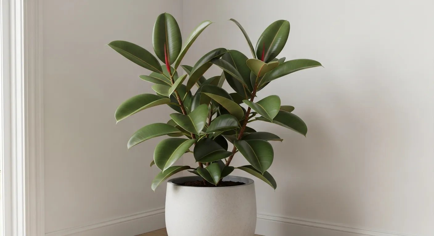 Ficus Elastica o Gomero con hojas grandes y brillantes en un salón moderno.