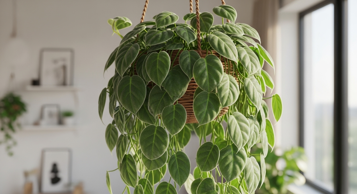 Una frondosa planta de Filodendro de Hoja de Corazón (Philodendron hederaceum)