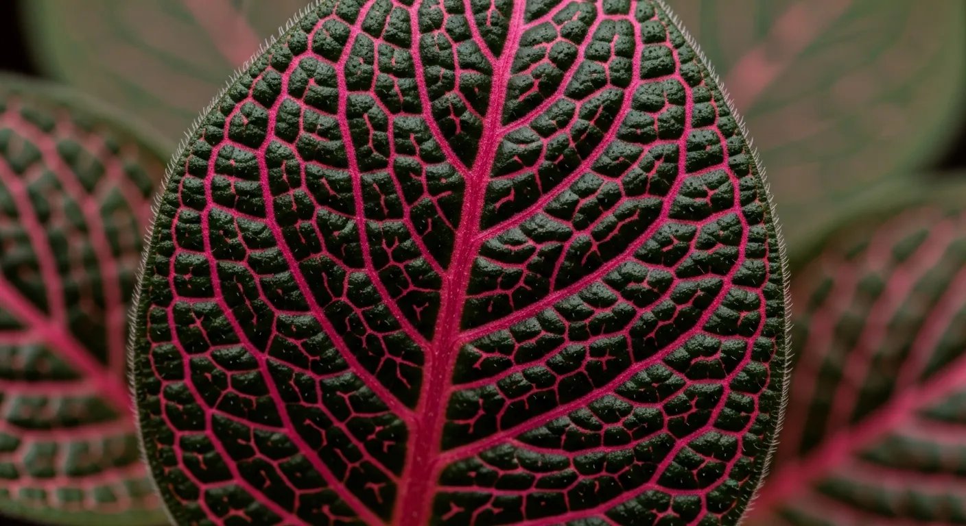 Primer plano de hojas de Fittonia con nervios rosa fucsia.