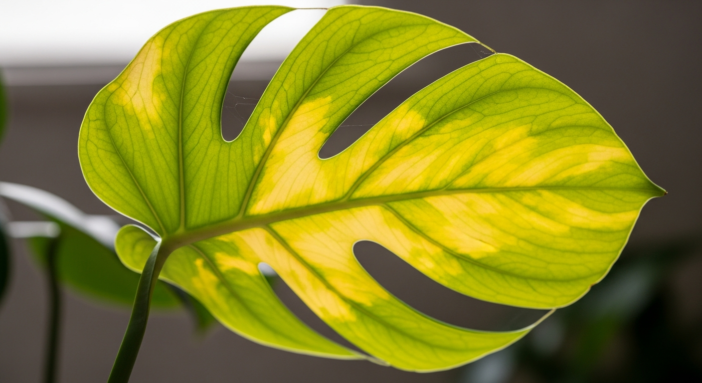 Hoja de planta de interior volviéndose amarilla por problemas de cuidado.