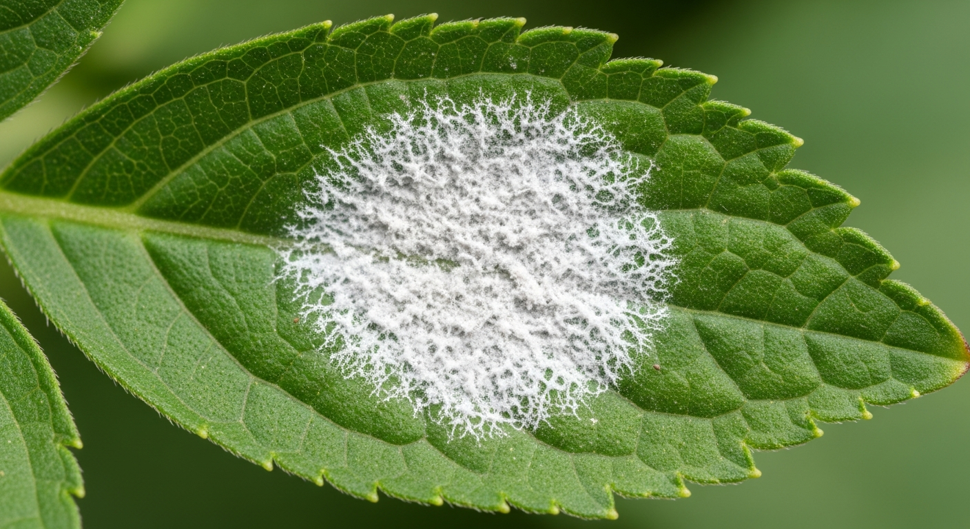 Hoja de planta verde afectada por Oídio, mostrando su característico polvo blanco y harinoso