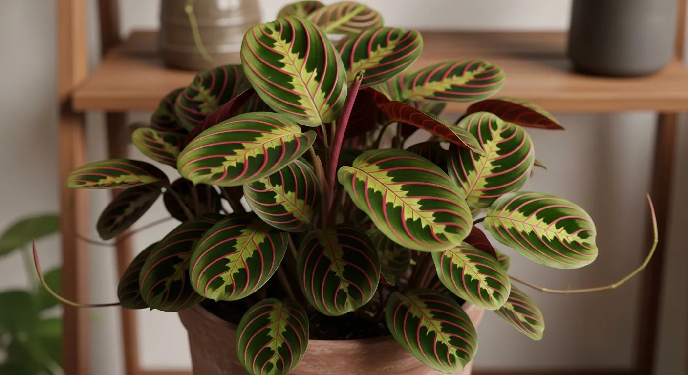 Maranta leuconeura o Planta de la Oración con sus características venas rojas.