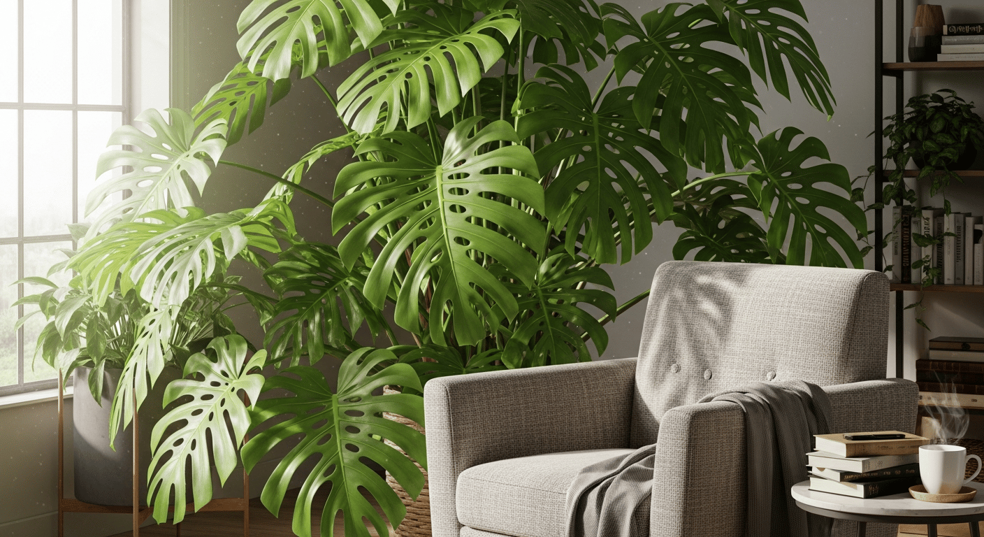Una gran Monstera Deliciosa junto a un sillón, creando un rincón de lectura con un dosel natural.