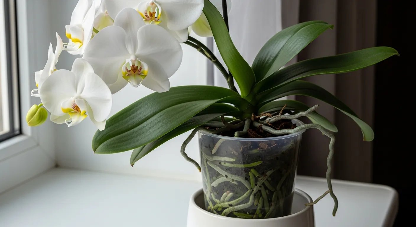 Orquídea Phalaenopsis blanca en maceta transparente con raíces verdes visibles.