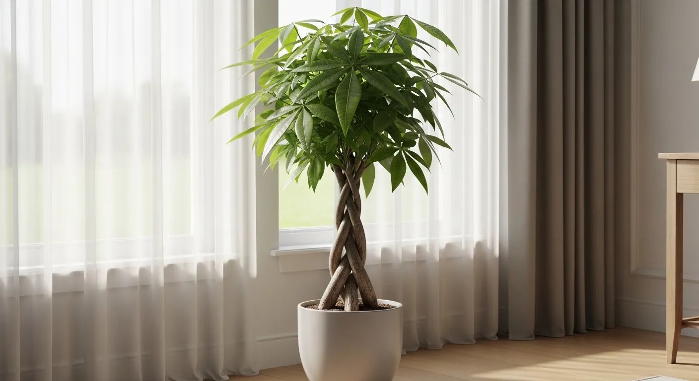 Pachira Aquatica o Árbol del Dinero con tronco trenzado en un salón luminoso.