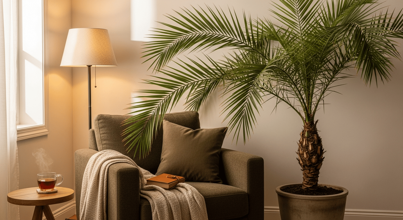 Una palmera alta detrás de un sillón, creando un rincón de refugio y seguridad en un salón.