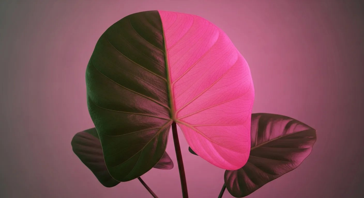 Hoja de Philodendron Pink Princess con mancha rosa chicle.