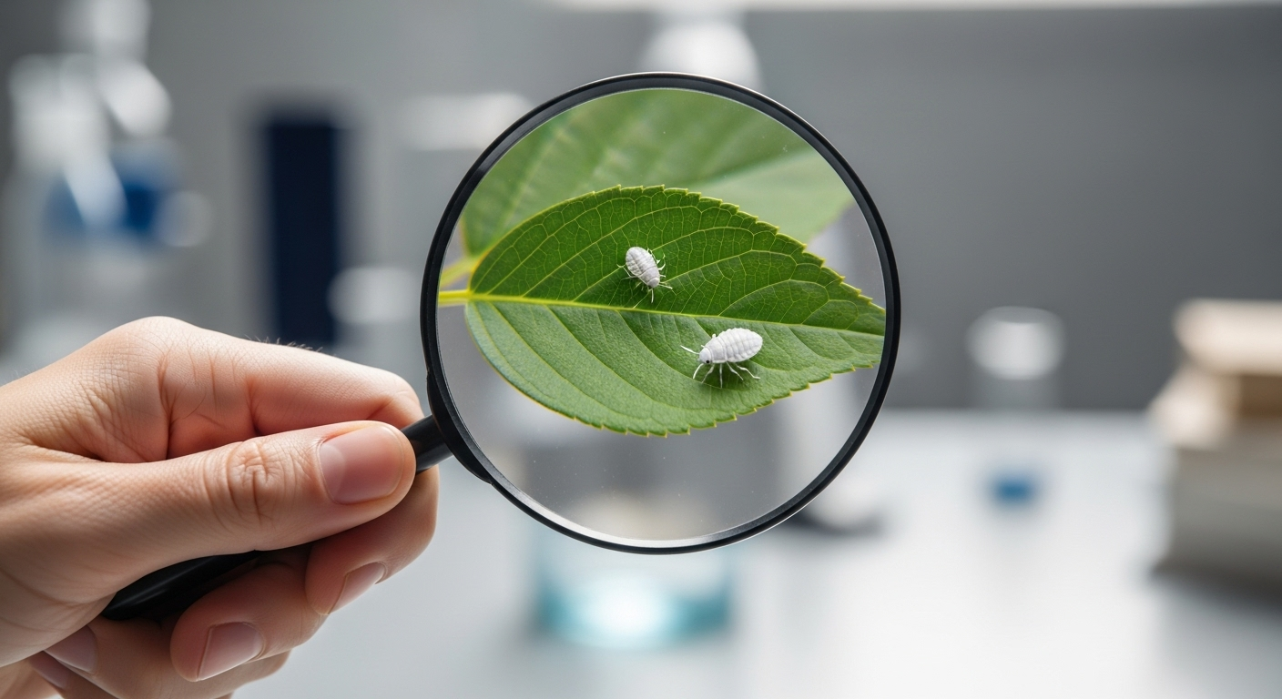 inspeccionando con una lupa una hoja verde en busca de plagas comunes en plantas de interior