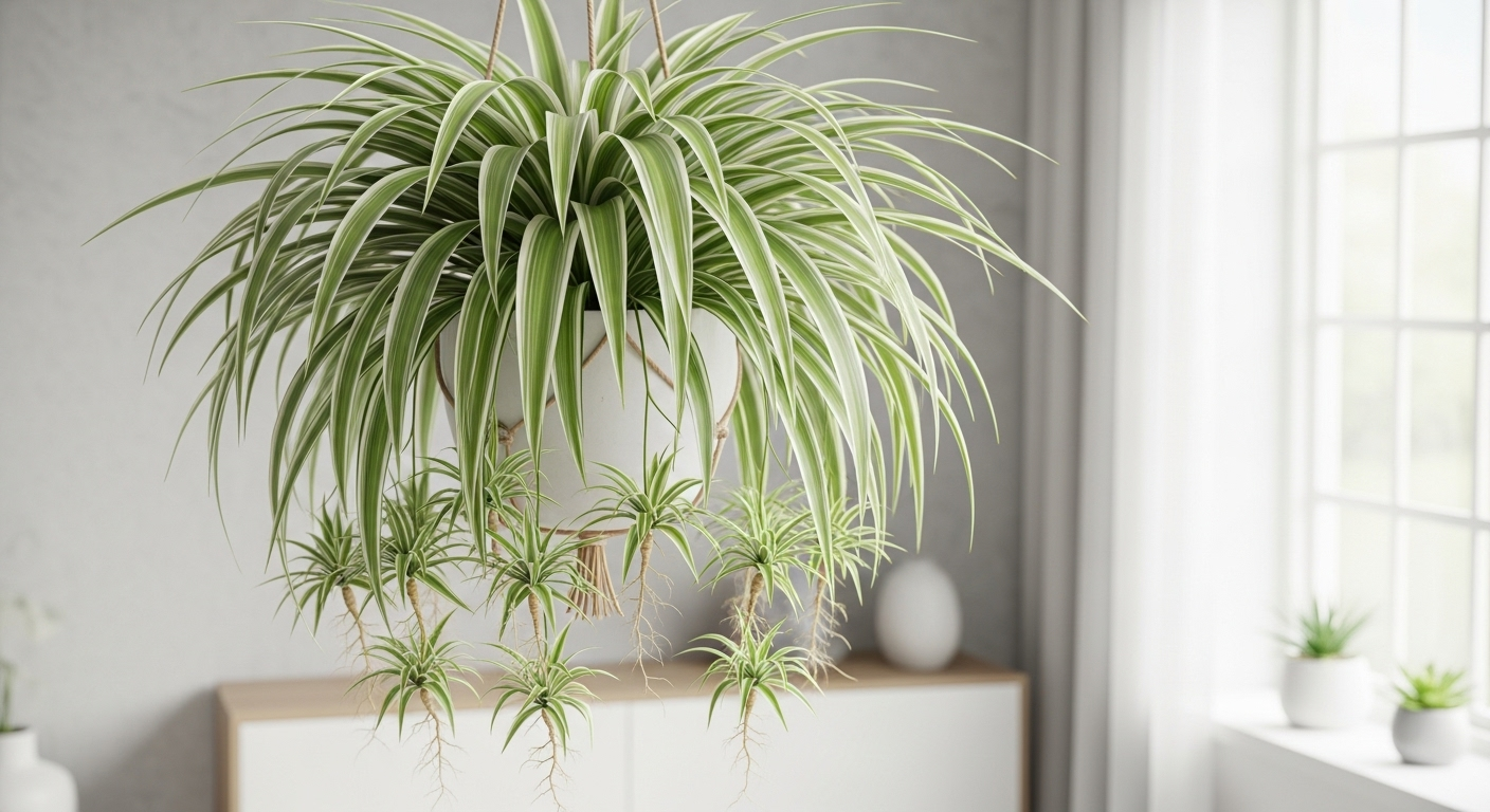 Una frondosa Planta Araña (Chlorophytum comosum) con hojas arqueadas a rayas y varios hijuelos