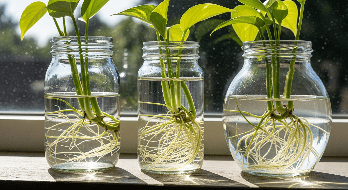 Esquejes de plantas echando raíces en tarros de agua en una ventana.