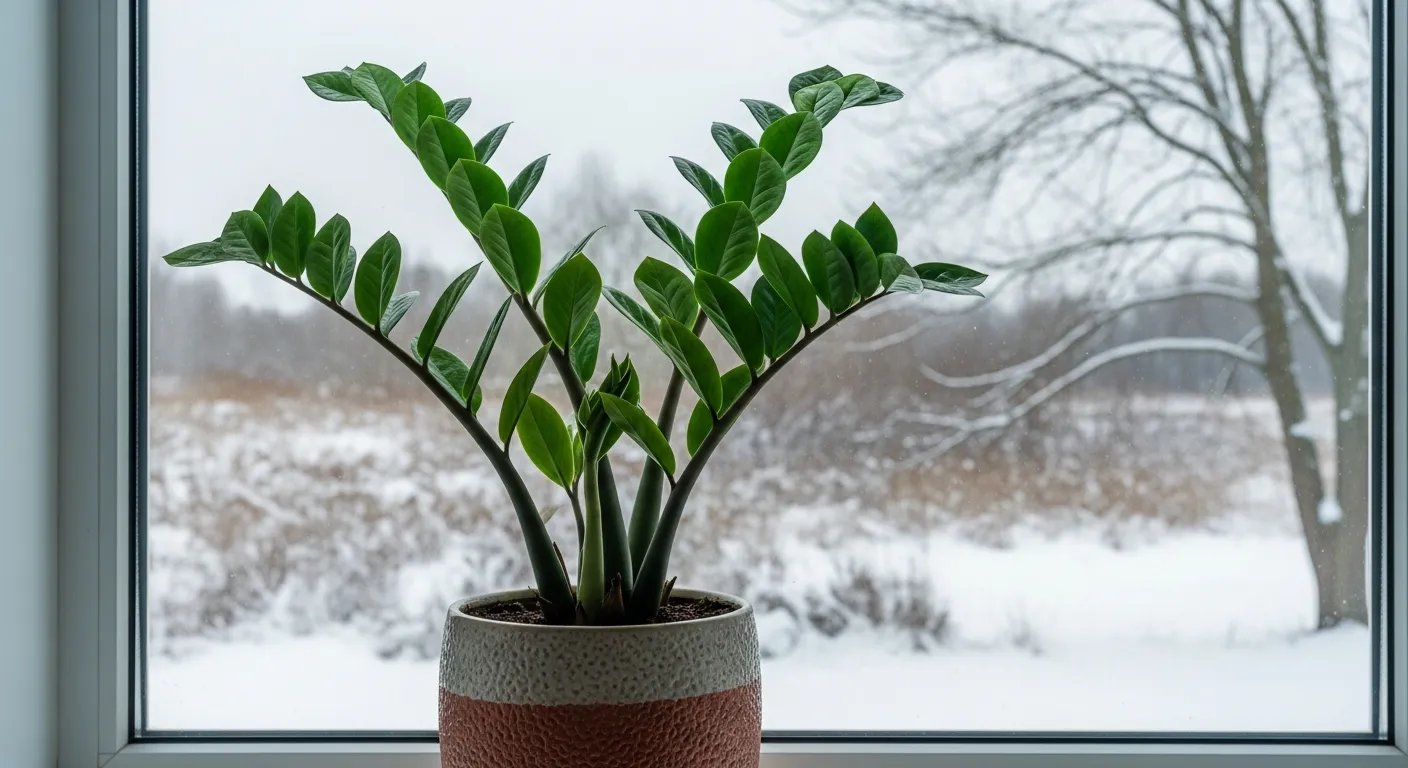 Planta de interior sana en reposo invernal junto a una ventana fría.