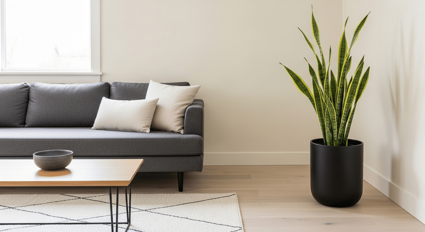 Planta de Sansevieria alta usada como elemento escultural en un salón minimalista.