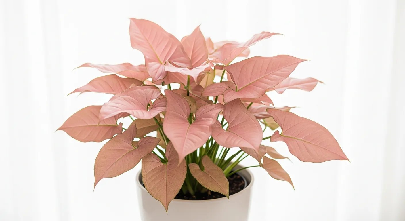 Planta Syngonium Neon de color rosa pastel suave.