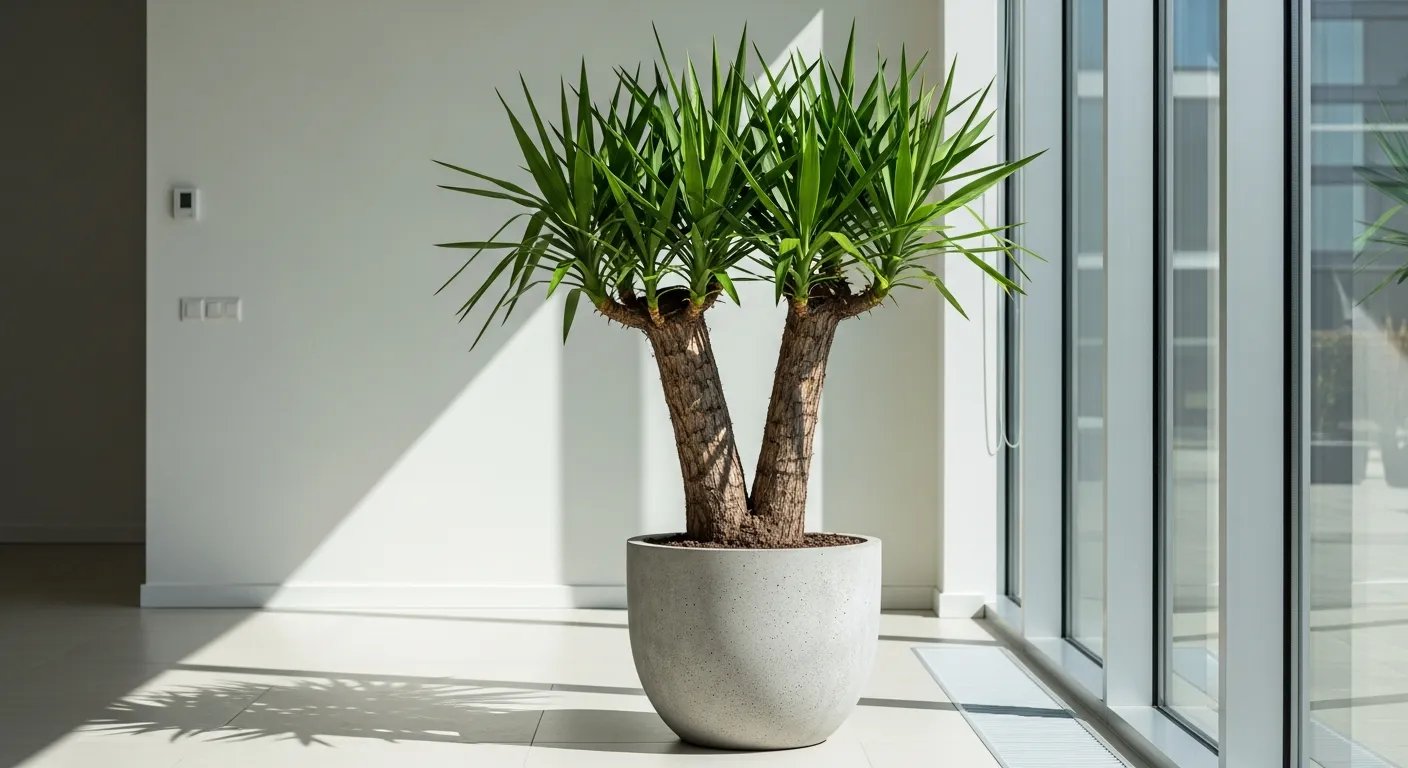 Yuca Pie de Elefante con troncos gruesos y hojas en forma de espada al sol.