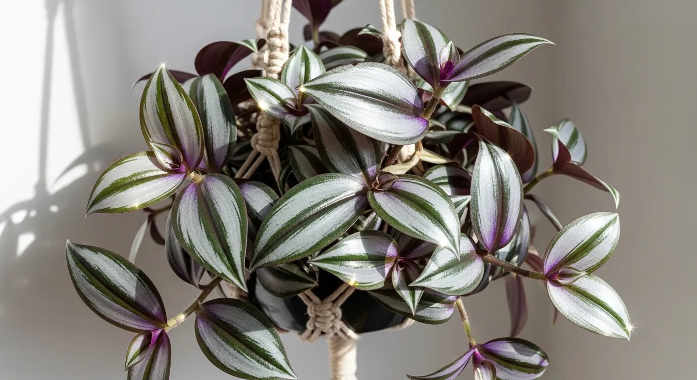Photorealistic 8K close-up of a lush Tradescantia Zebrina (Wandering Dude) hanging from a macramé pl