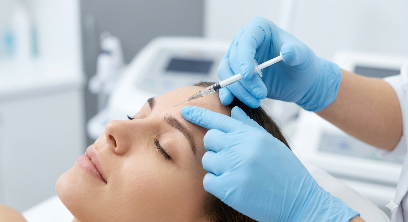 Close-up of a licensed physician in sterile gloves performing a precise neurotoxin injection (Botox/