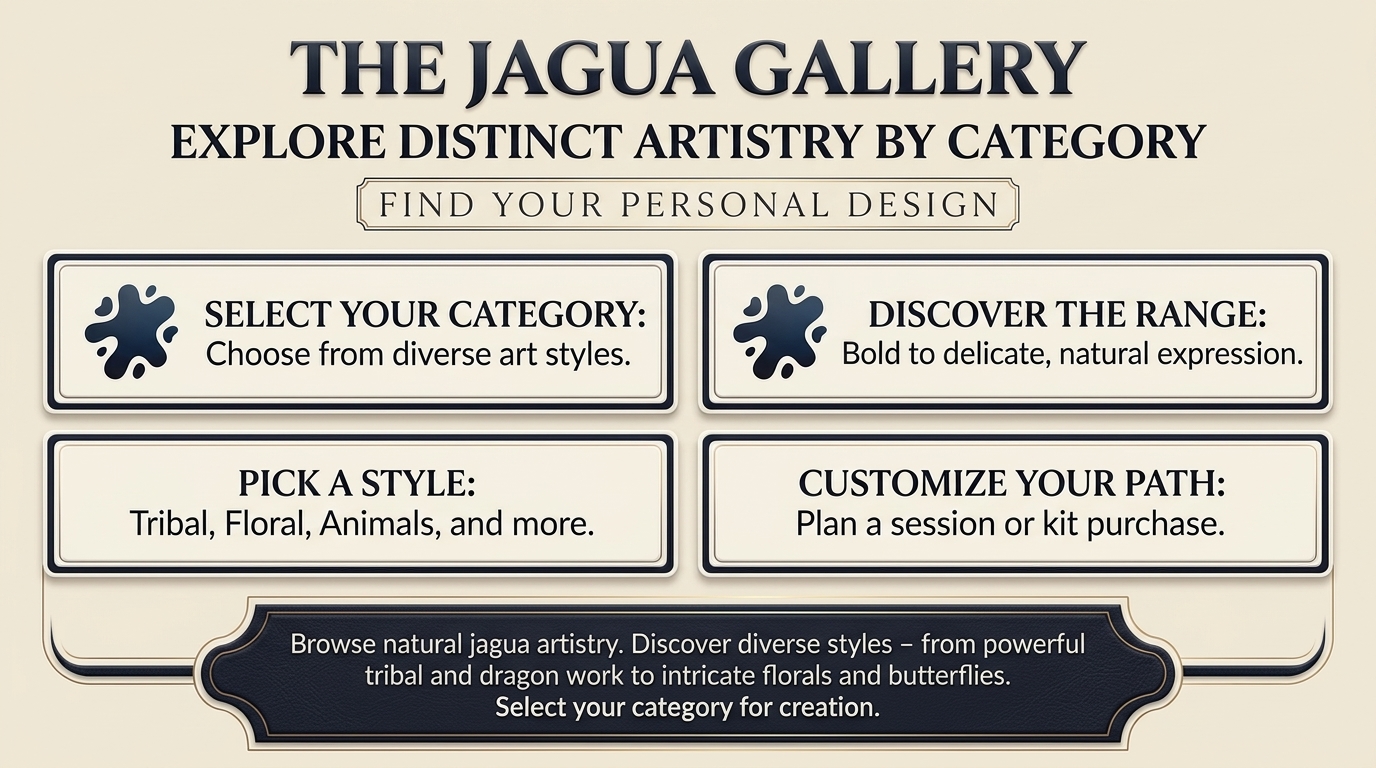 The Jagua Gallery menu featuring natural temporary tattoo styles like tribal, floral, and animal designs.