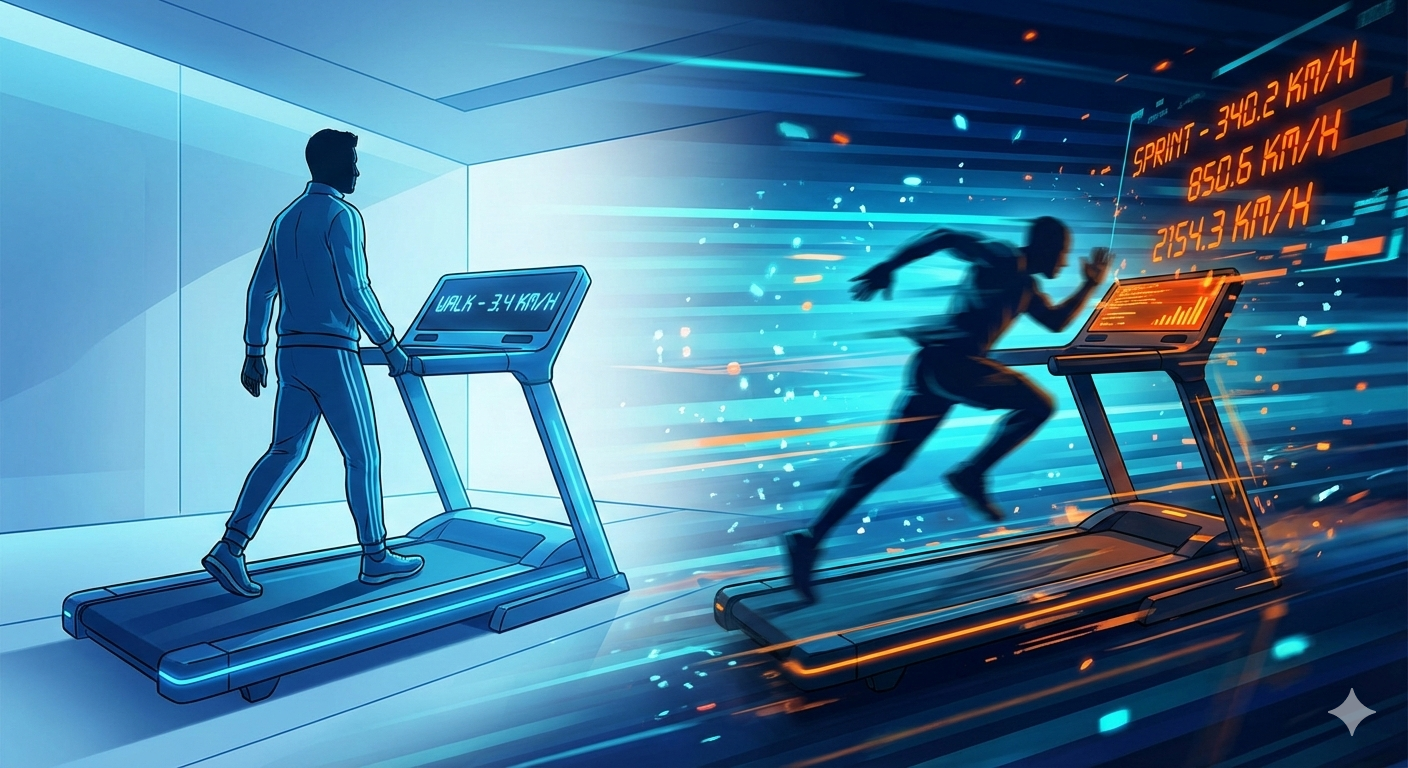 Persona corriendo en cinta de correr futurista que acelera: metáfora de la brecha tecnológica con la IA.