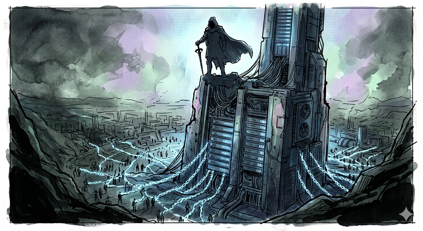 Señor feudal digital sobre torres de servidores observando trabajadores conectados por cadenas de datos invisibles.