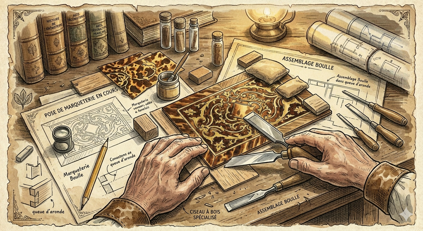 Travail de marqueterie et de finition à l'établi