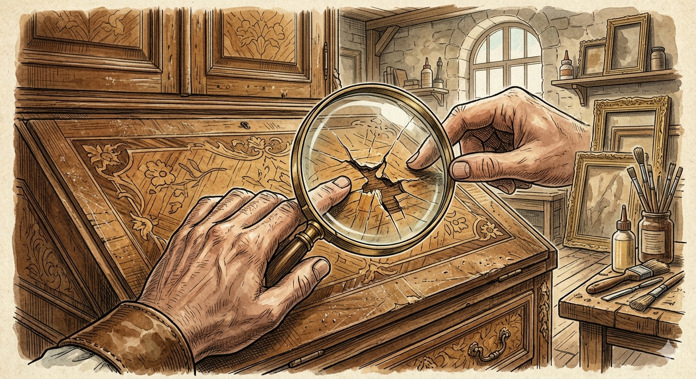 Examen et diagnostic d'un meuble ancien à l'atelier