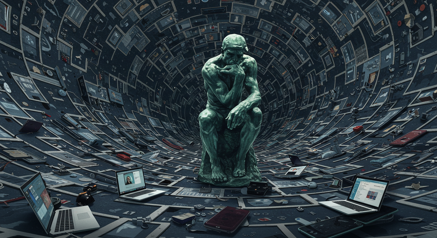 Rodin Thincker a statue of a man sitting on a table with laptops