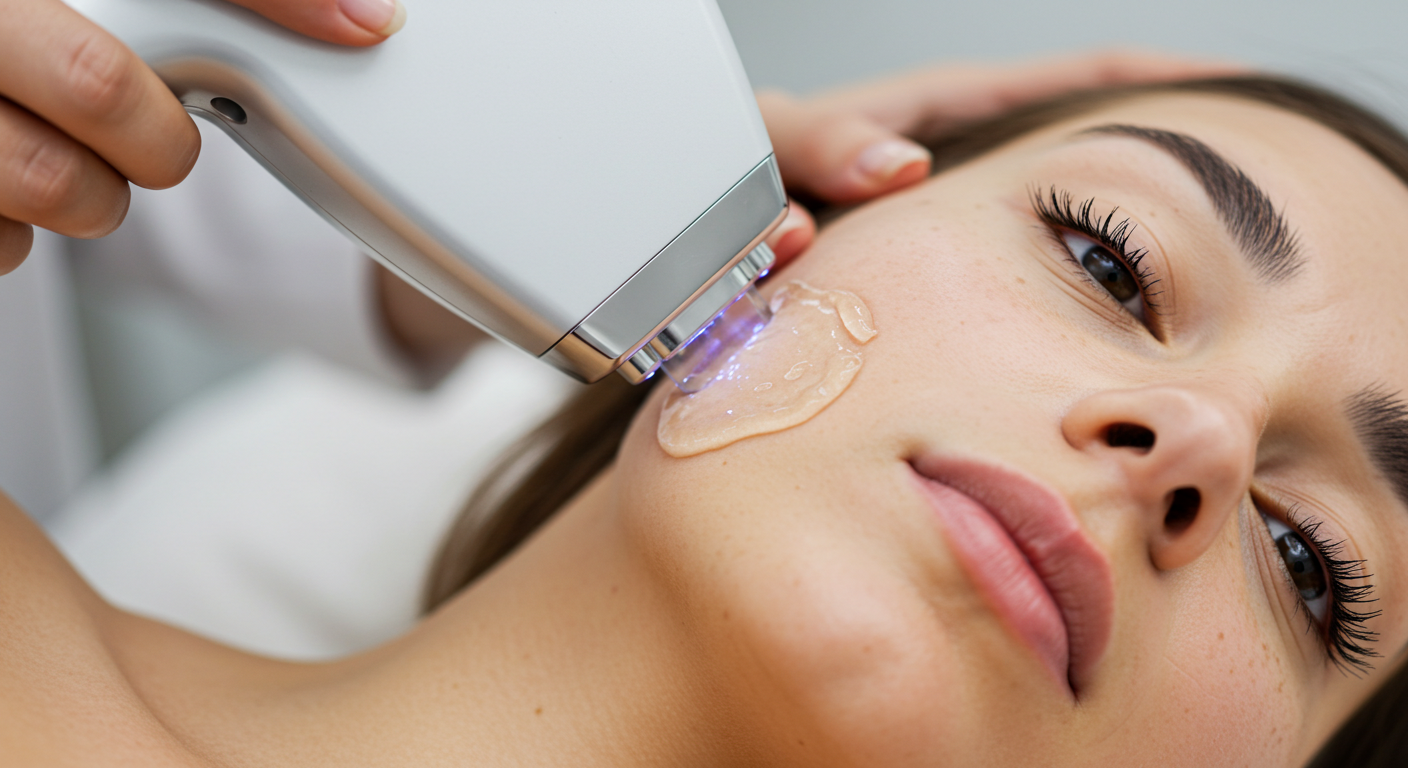 Professional laser skin treatment being applied to a woman's face at a dermatology clinic.