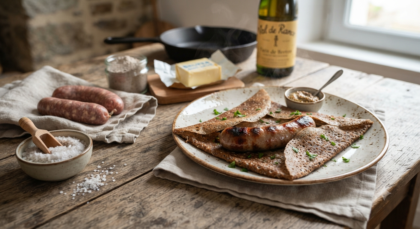 galette saucisse traditionnelle posée sur une table en bois avec des ingrédients bruts