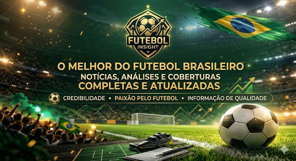 Banner do portal Futebol Insight com logotipo dourado, texto "O Melhor do Futebol Brasileiro" e campo de futebol com bola.