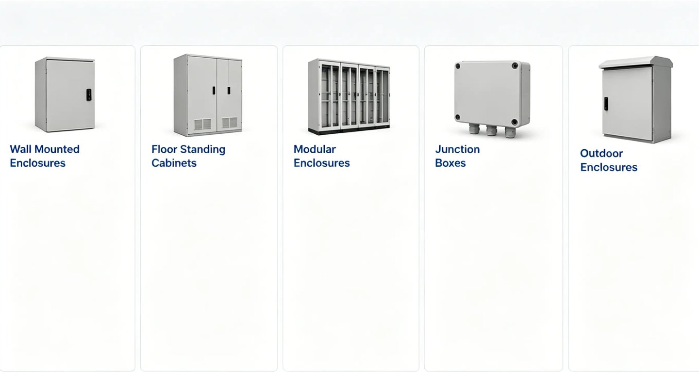 Collection of industrial electrical enclosures, floor standing cabinets, and junction boxes.