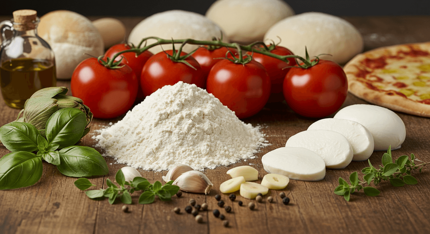 a pizza with tomatoes and cheese on a table