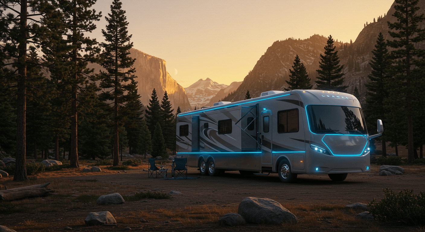 Futuristic RV with Essential RV Tech for 2025 featuring TPMS, surge protectors, GPS, and RV internet