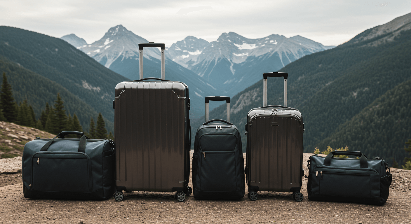 Travel backpack, suitcase, weekender bag, duffel bag with mountain background