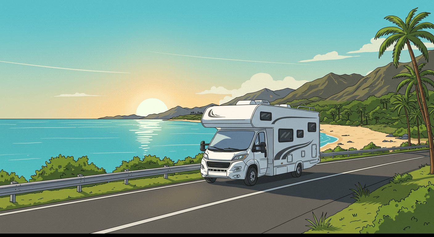 Illustration of RV riding down the coast with surge protectors, GPS, and internet for safe RV travel