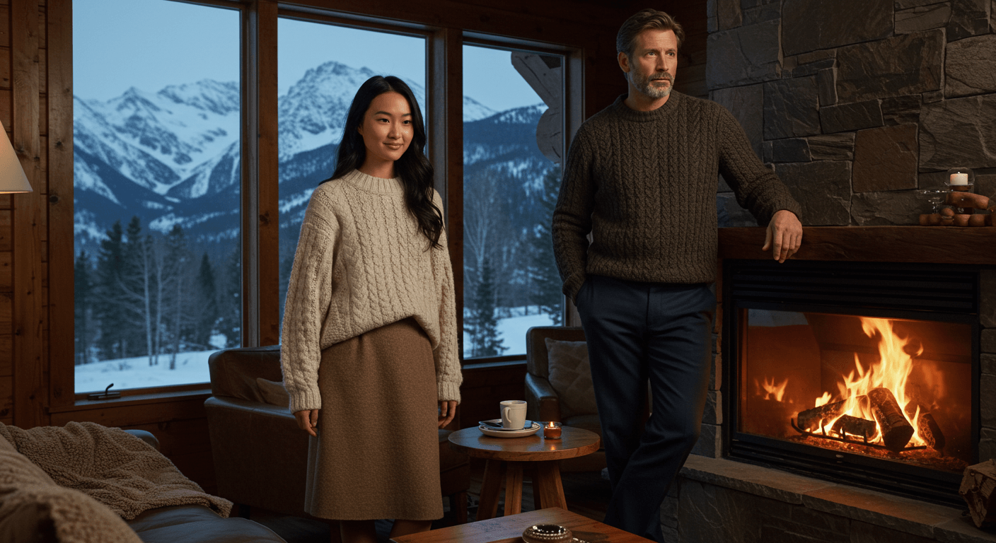 a man and woman standing in front of a fireplace