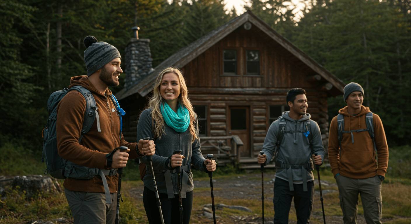 a group of people standing in front of a cabin