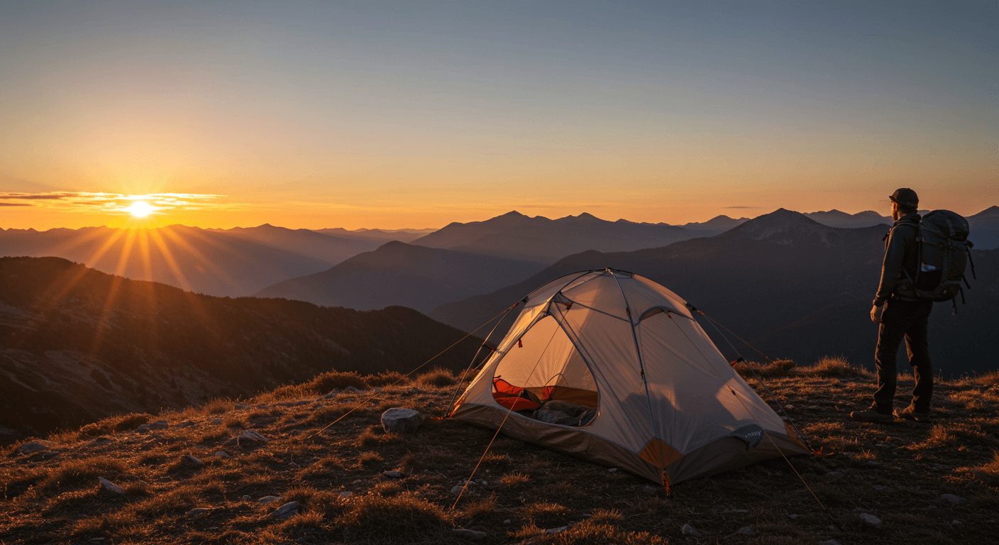 Man camping on top of hill with mountain view with best 2 person camping tent