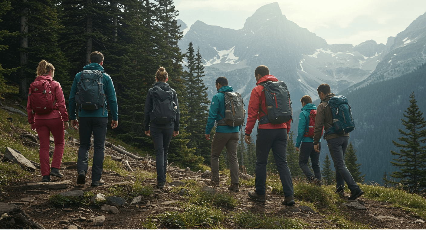a group of people walking up a mountain