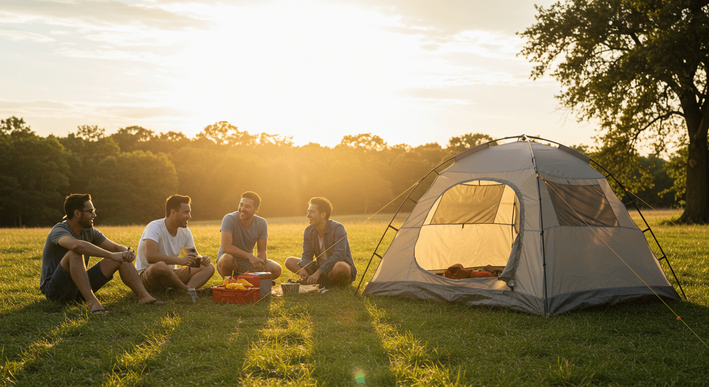 Friends camping in Coleman Sundome cheap camping tent, best budget camping tent for casual campers