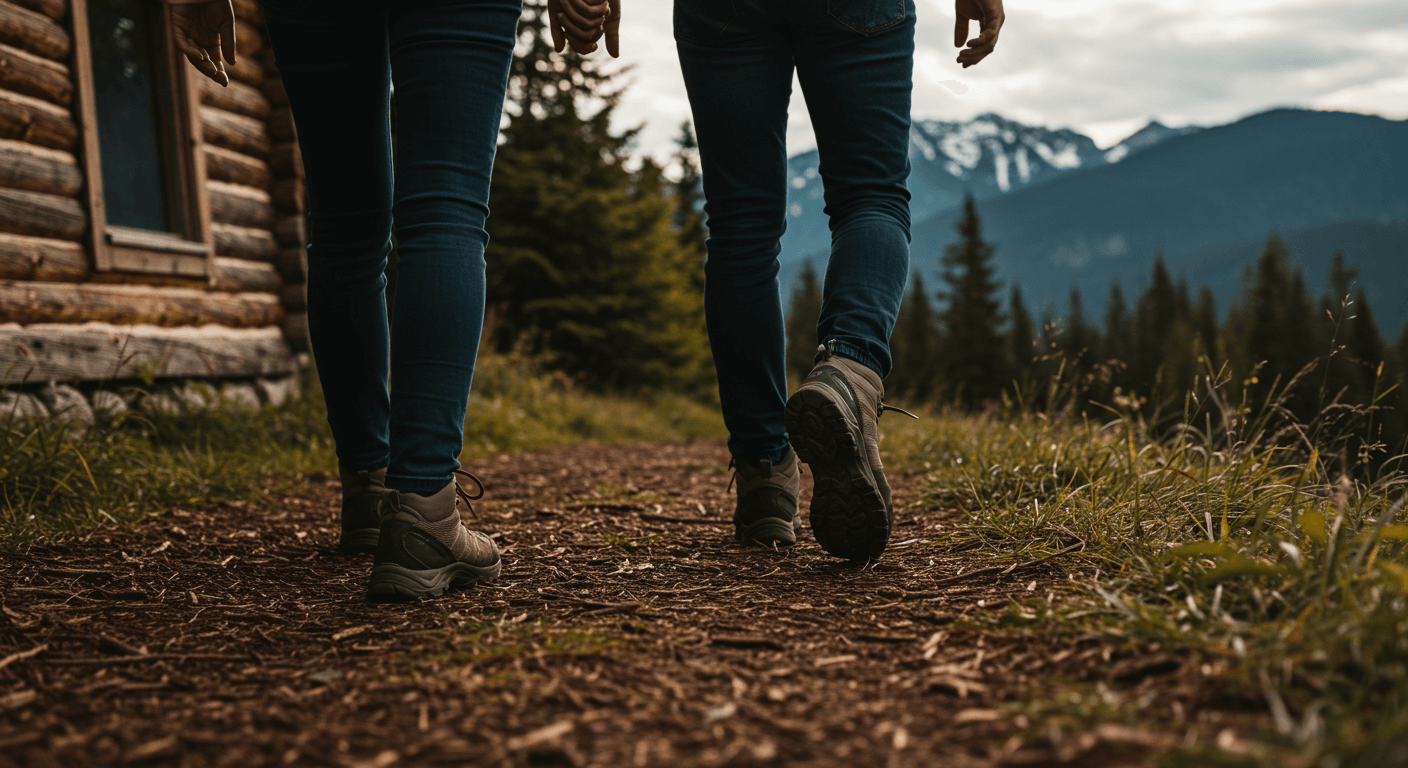 two people walking down a path with mountains in the background