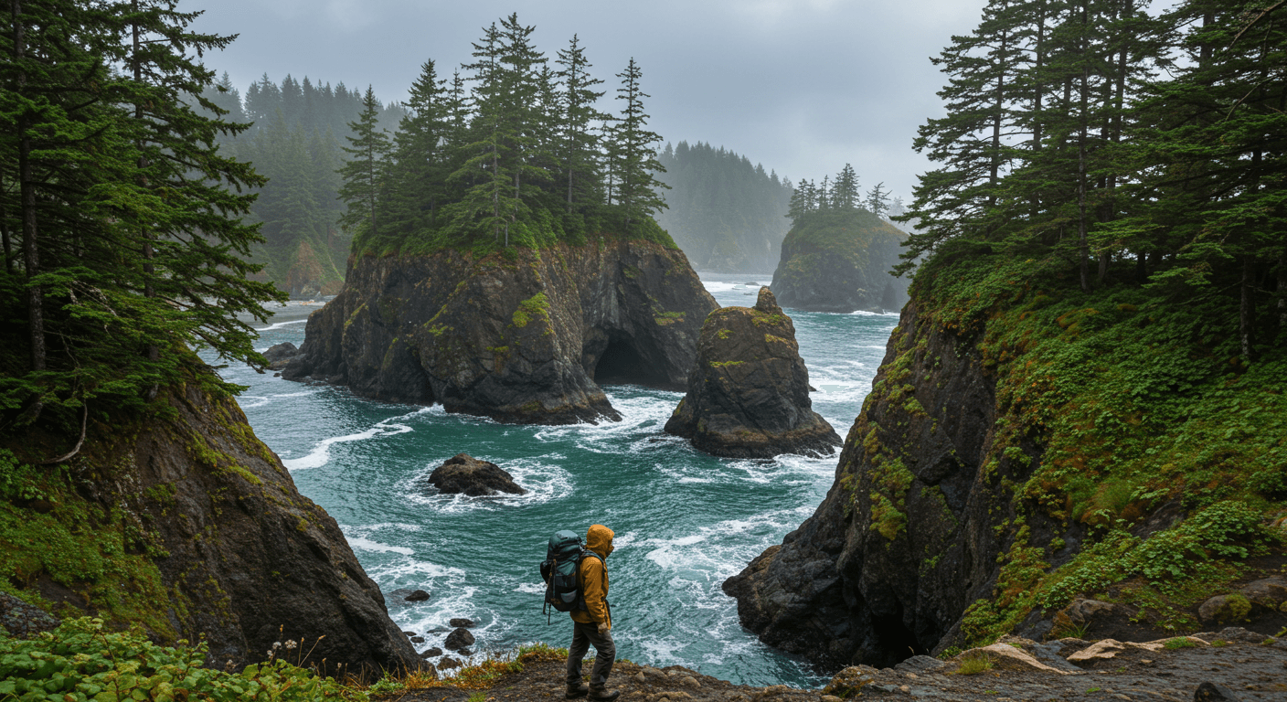 a person standing on a rocky cliff overlooking a body of water