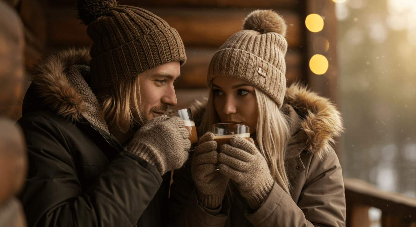 a man and woman drinking coffee in a cabin
