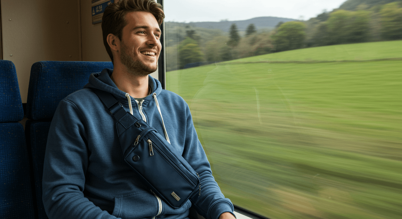 a man sitting on a train with cross body bag