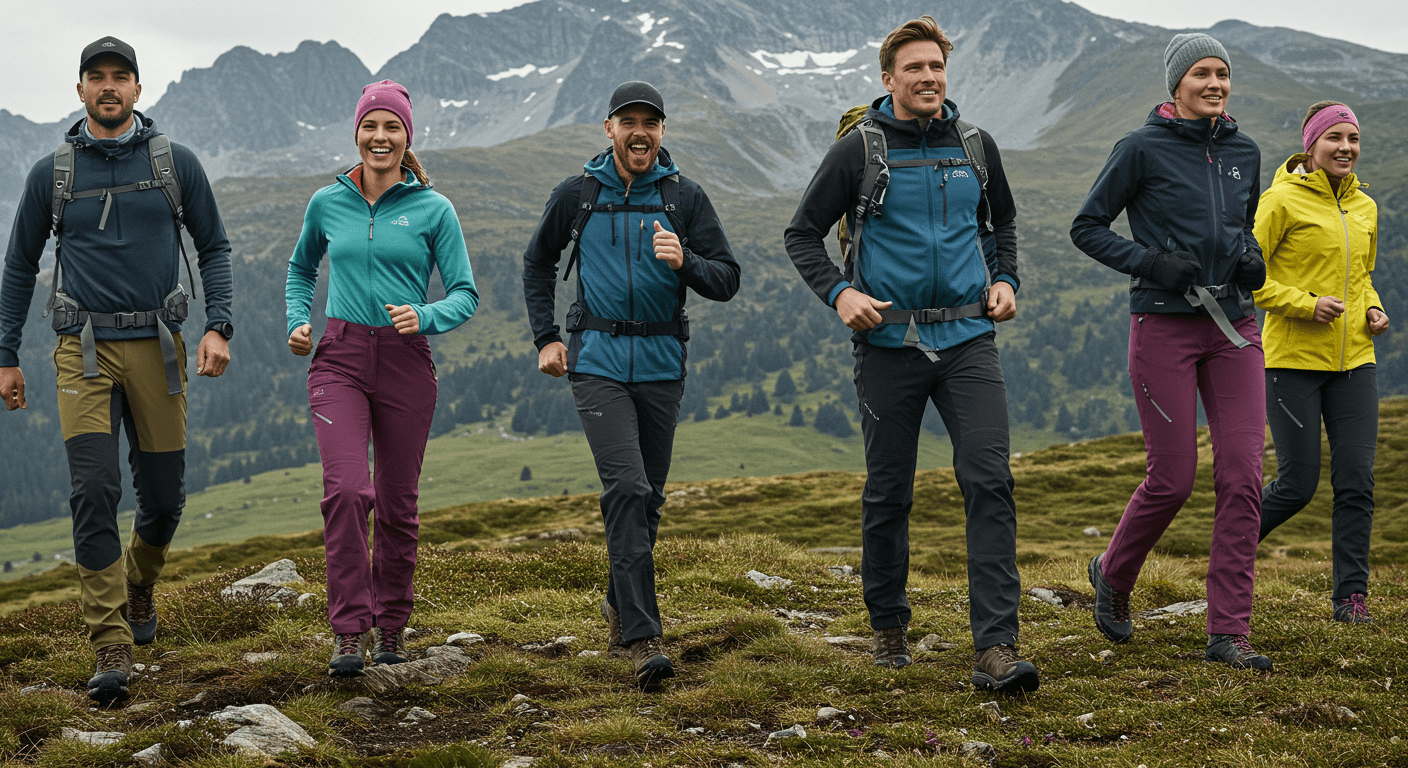 a group of people wearing waterproof hiking pants walking up a hill