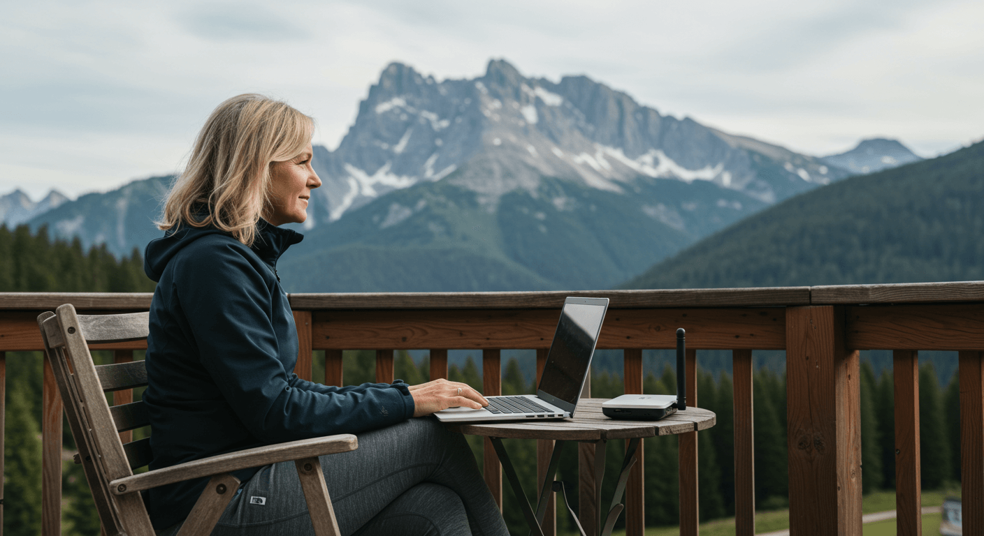 women working from the mountains using wireless travel router