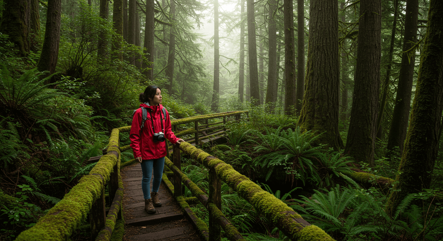 a woman in a red jacket and a camera