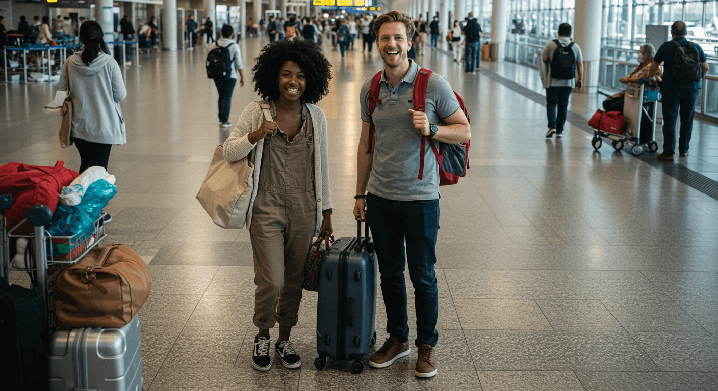 a man and woman standing in an airport